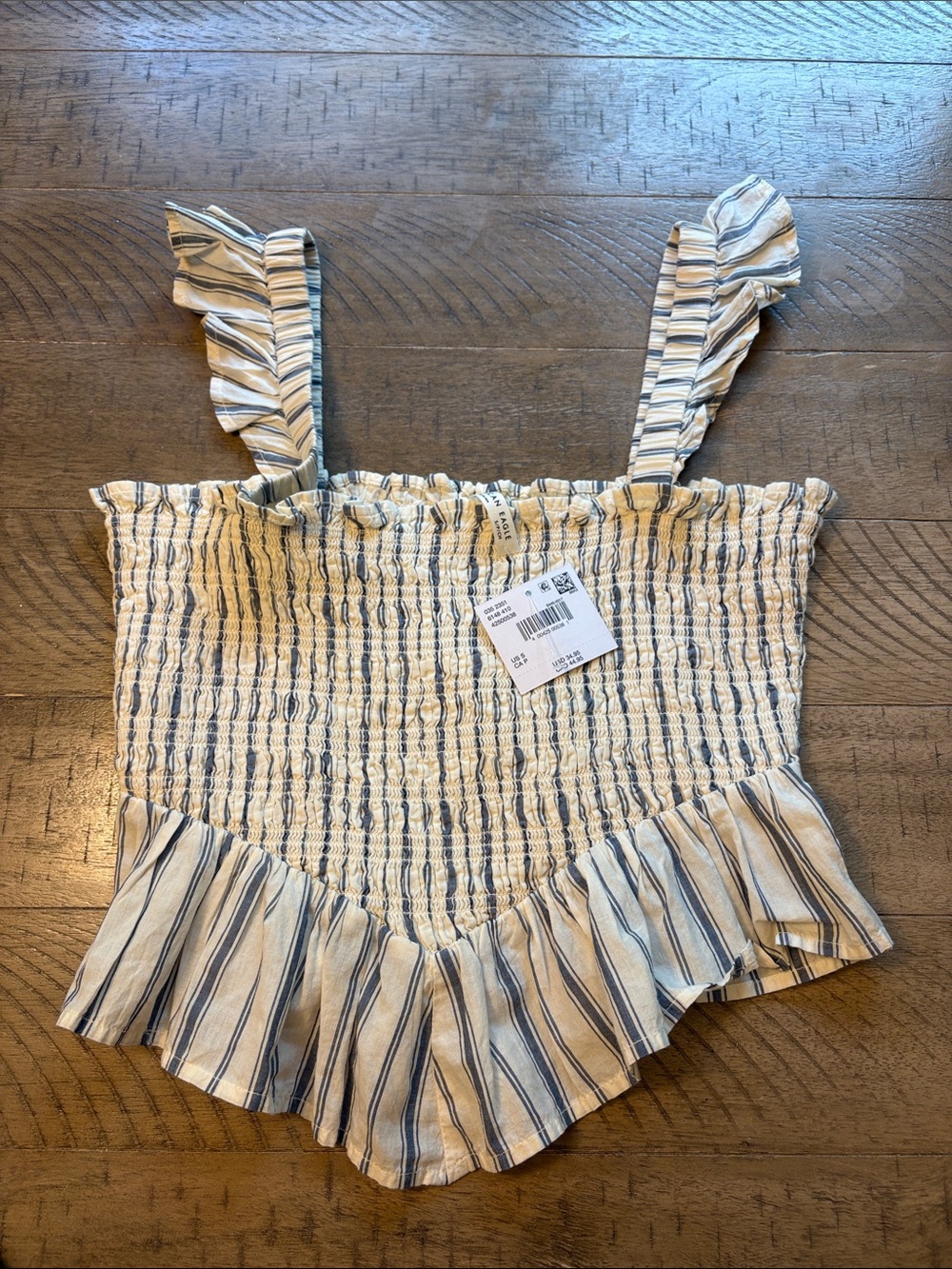 American Eagle Outfitters Blue & White Striped Smocked Ruffle Cami